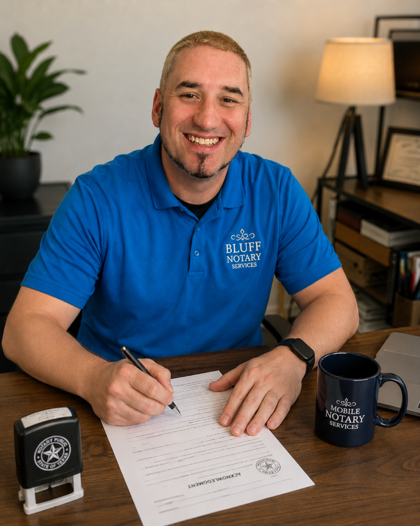 notary signing a document at a desk